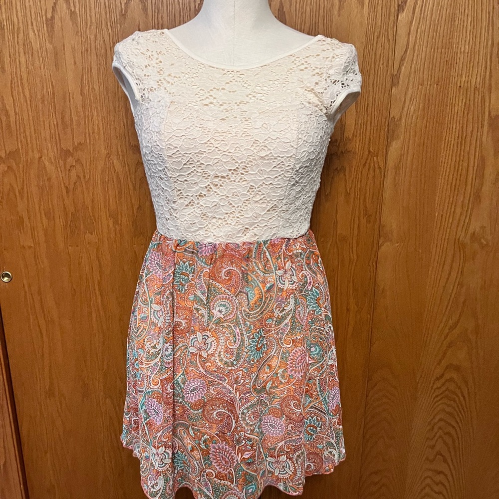 January 7 Cream Lace and Multicolor Paisley Mini Dress